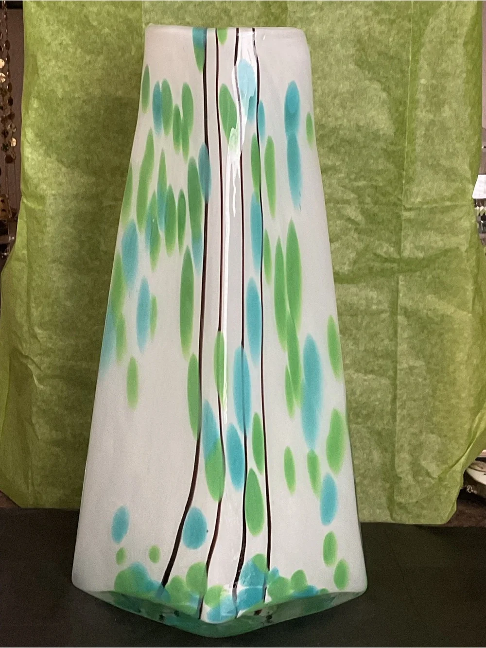 Global Views White Ceramic Vase with Aqua and Lime Green Spots